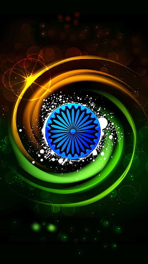 India National Flag Ashoka Chakra with Glowing Saffron and Green Swirls on Dark Background HD phone wallpaper