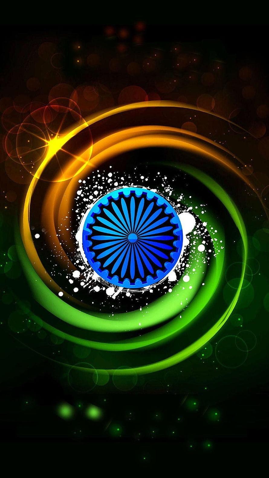 India National Flag Ashoka Chakra with Glowing Saffron and Green Swirls on Dark Background HD phone wallpaper