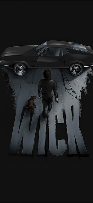 John Wick Walking with Dog Toward Classic Black Mustang in Dark Cinematic Style HD phone wallpaper