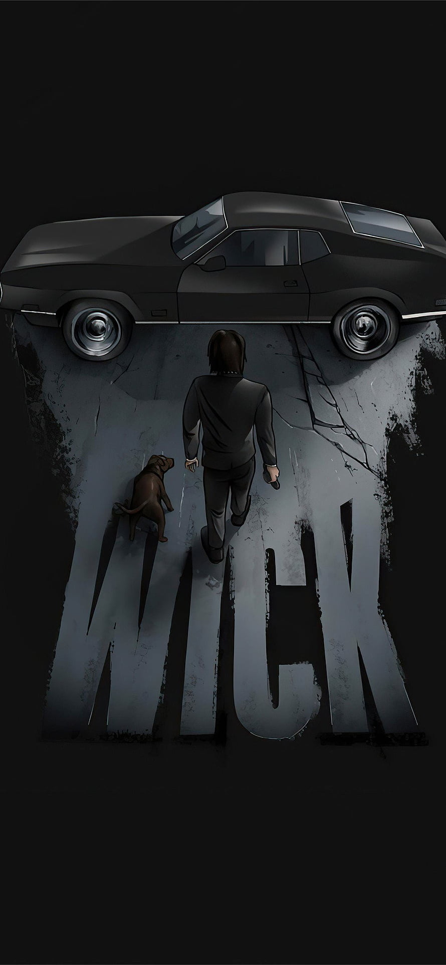 John Wick Walking with Dog Toward Classic Black Mustang in Dark Cinematic Style HD phone wallpaper