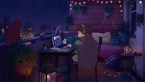 Lofi Girl Working on Laptop at Night on a Cozy Balcony with Cat and City Lights HD wallpaper