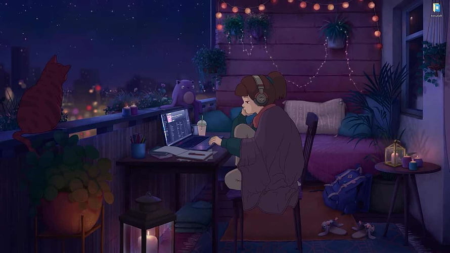 Lofi Girl Working on Laptop at Night on a Cozy Balcony with Cat and City Lights HD wallpaper