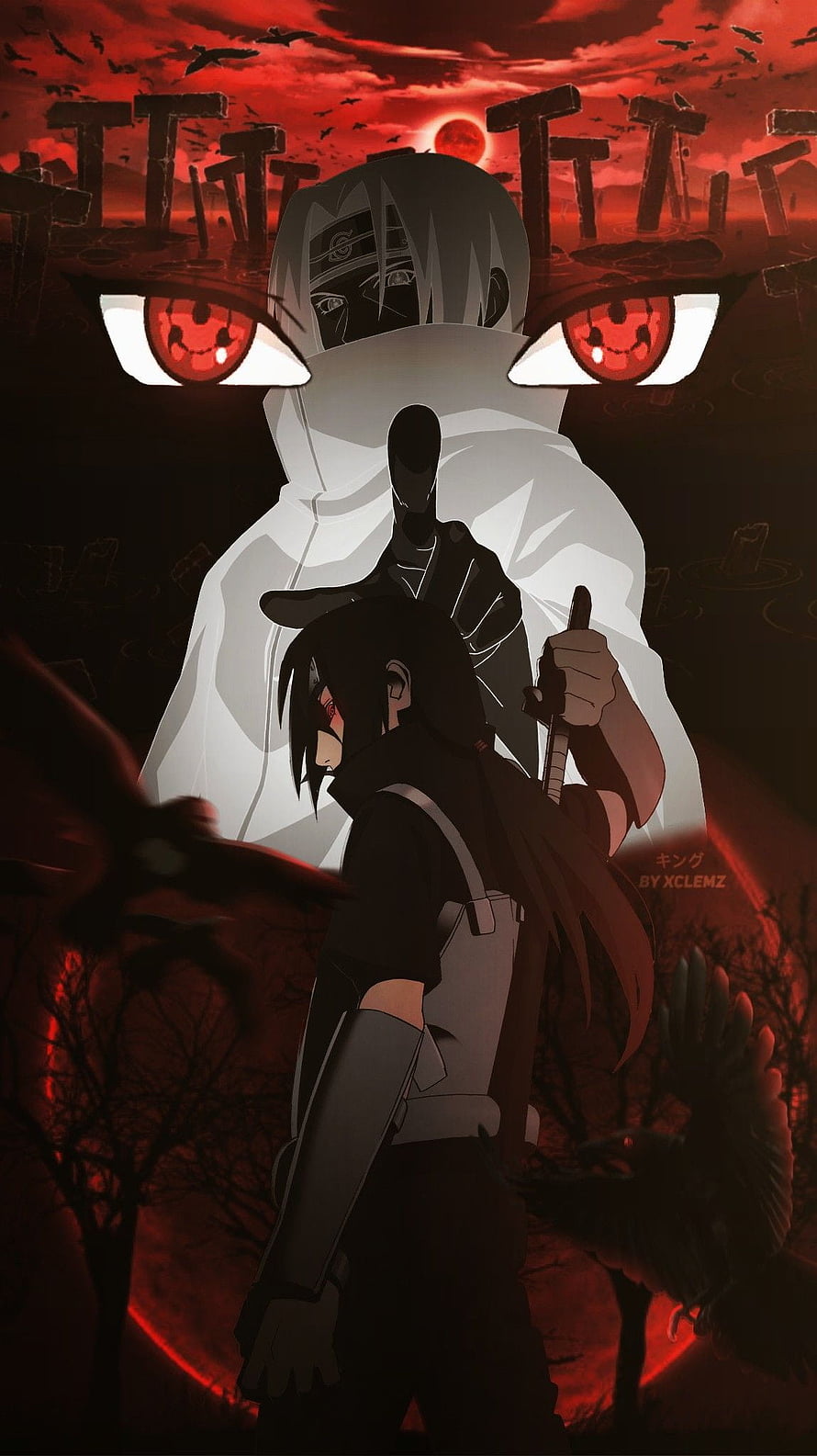 Itachi Uchiha with Mangekyou Sharingan in Dark Red Landscape HD phone wallpaper