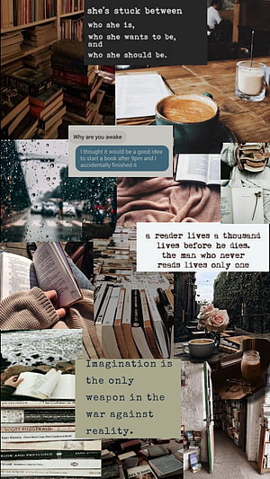 Cozy Bookworm Aesthetic Collage Featuring Coffee, Rainy Windows, and Literary Quotes HD phone wallpaper