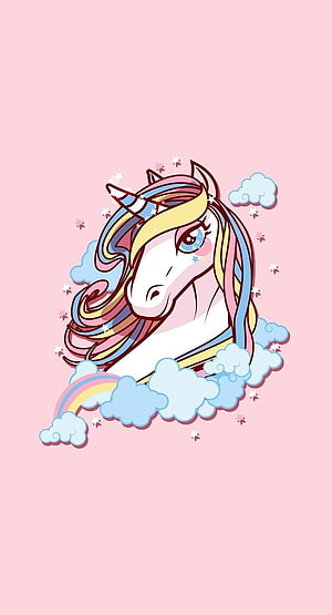 Cute Cartoon Unicorn with Rainbow Mane and Pastel Clouds on Pink Background HD phone wallpaper