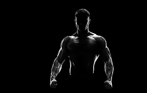 Dramatic Black and White Silhouette of a Muscular Male Athlete in a Powerful Boxing Stance HD wallpaper