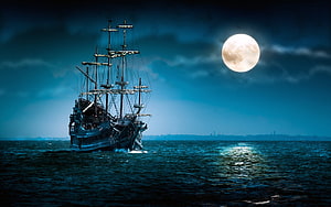 Majestic Tall Ship Sailing on Dark Ocean Under a Glowing Full Moon HD wallpaper