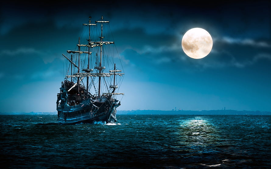 Majestic Tall Ship Sailing on Dark Ocean Under a Glowing Full Moon HD wallpaper