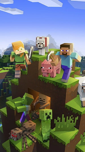 Minecraft Steve and Alex with Hostile Mobs and Animals on Floating Grass Blocks HD phone wallpaper