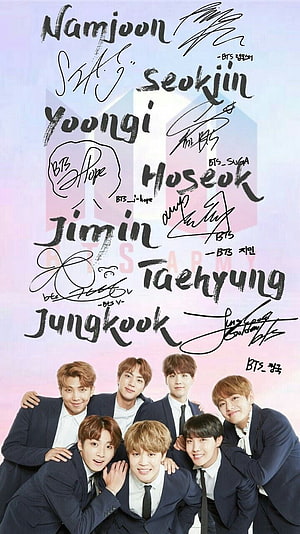 BTS Group Photo With Member Signatures And Names On Pastel Background HD phone wallpaper