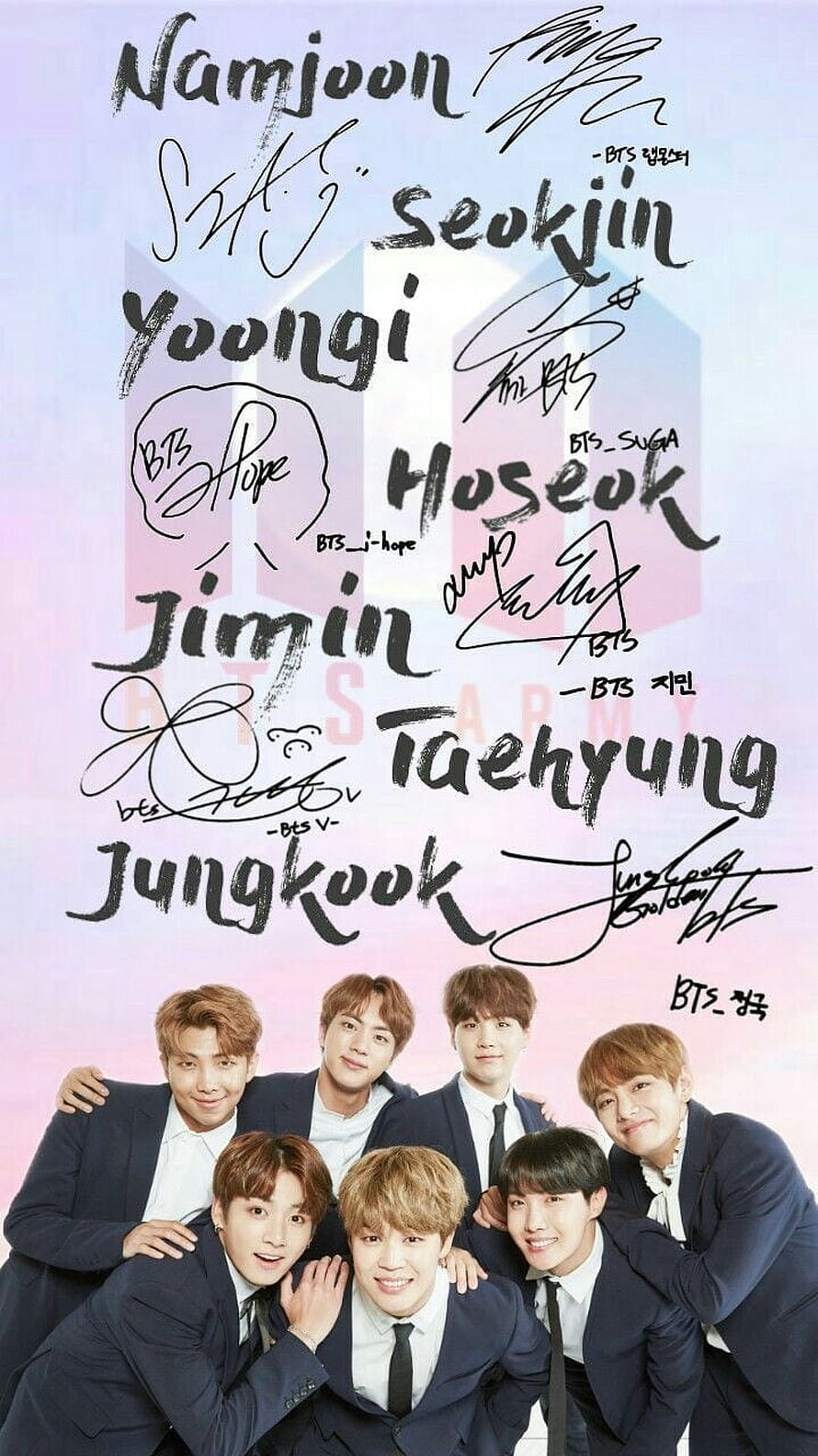 BTS Group Photo With Member Signatures And Names On Pastel Background HD phone wallpaper