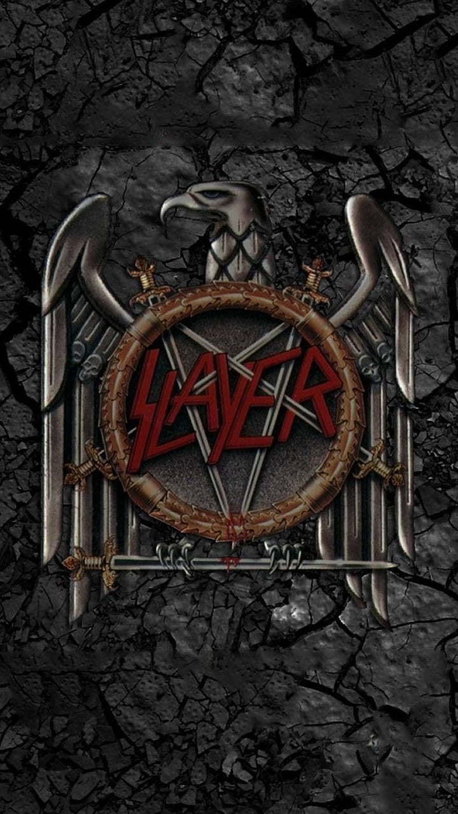 Slayer Heavy Metal Band Emblem with Eagle and Crossed Swords on Cracked Stone Background HD phone wallpaper