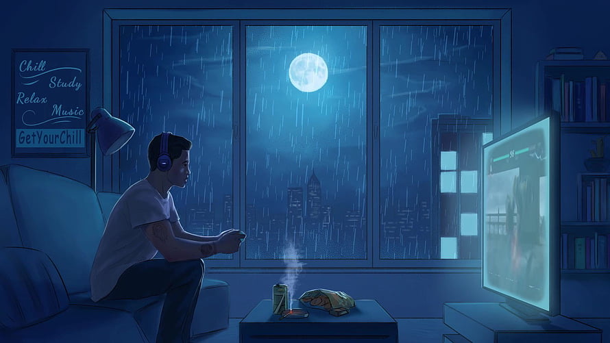 Lofi Hip Hop Night Study Scene With Rainy City View And Moonlit Window HD wallpaper
