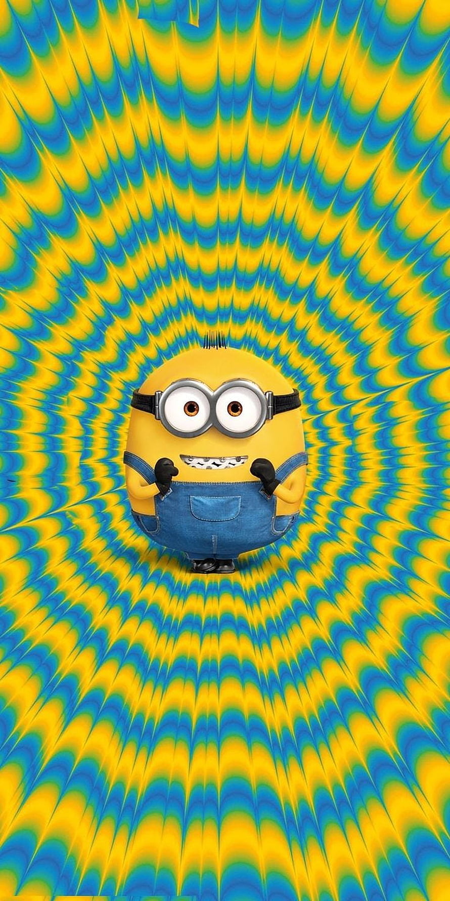 Minions: The Rise of Gru Character on a Vibrant Yellow and Blue Psychedelic Background HD phone wallpaper