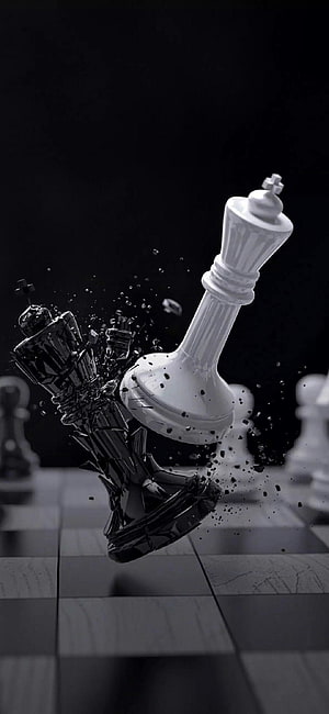 Dramatic 3D Chess King Collision with Shattered Black Piece on Dark Board HD phone wallpaper