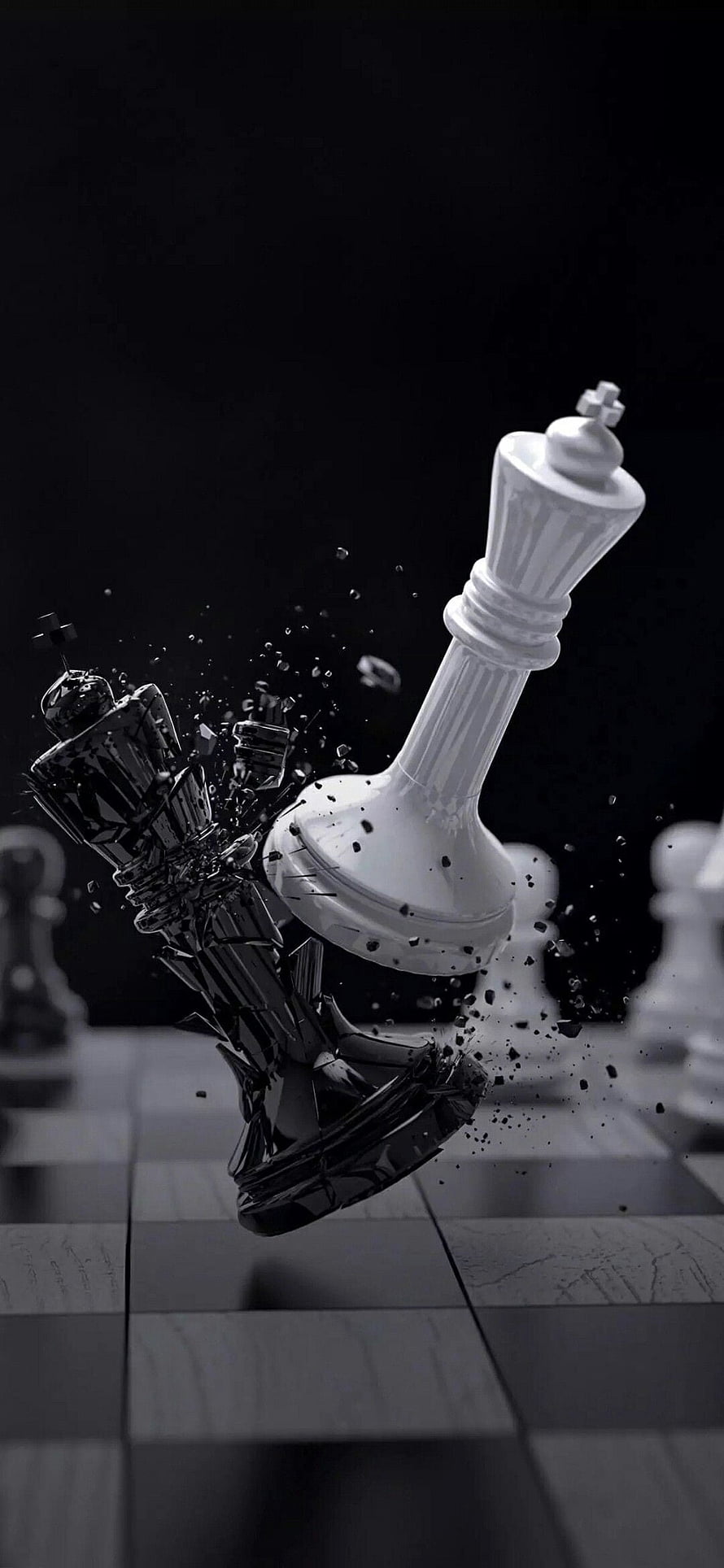 Dramatic 3D Chess King Collision with Shattered Black Piece on Dark Board HD phone wallpaper