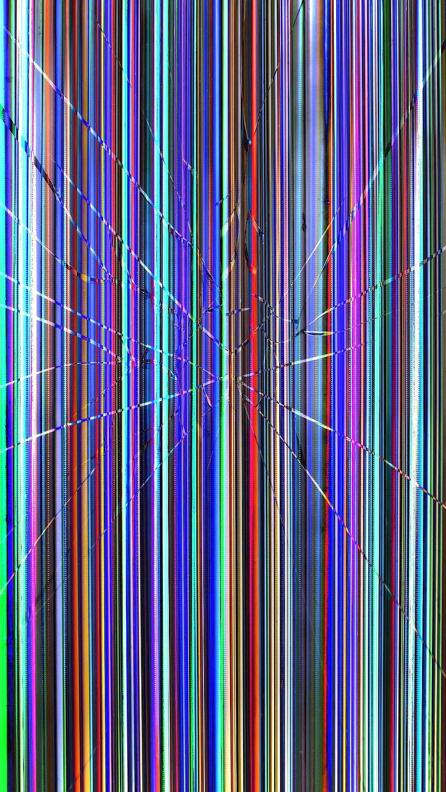 Vibrant Vertical Glitch Art with Radiating Fracture Lines and Digital Distortion HD phone wallpaper