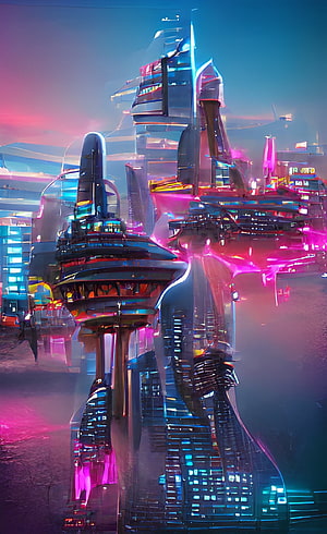 Neon-lit futuristic cityscape with towering sci-fi architecture and glowing cyberpunk structures HD phone wallpaper