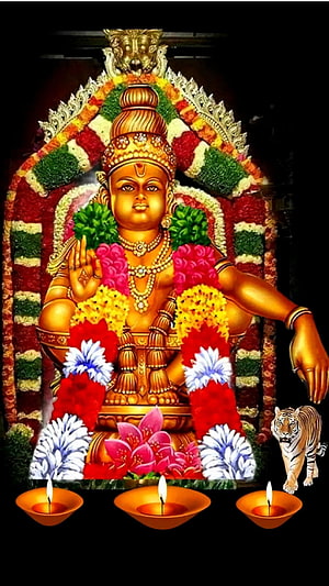 Ayyappa deity adorned with vibrant flower garlands, tiger, and oil lamps in a devotional setting HD phone wallpaper