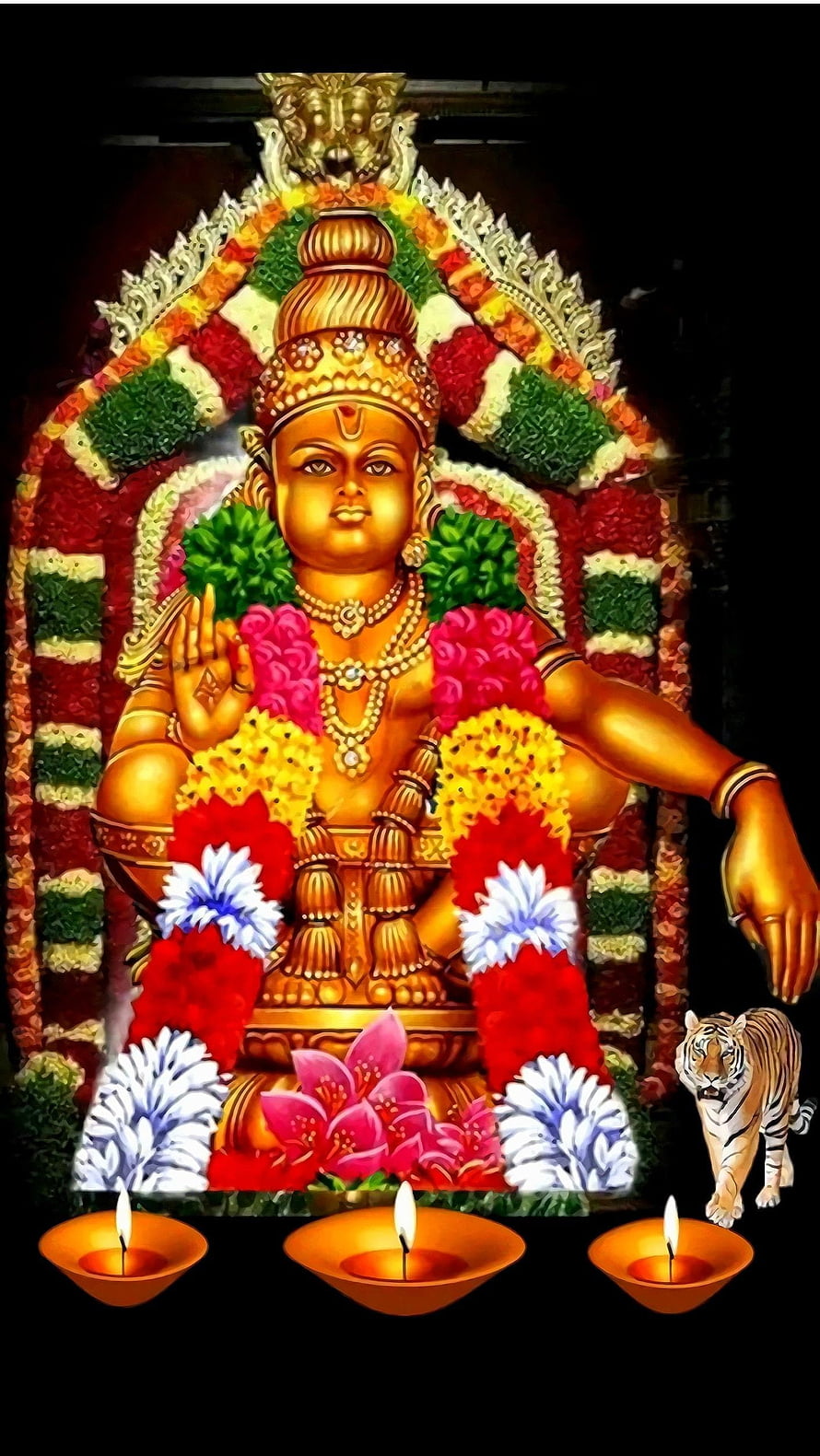 Ayyappa deity adorned with vibrant flower garlands, tiger, and oil lamps in a devotional setting HD phone wallpaper