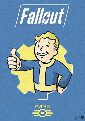 Fallout Vault Boy Retro Poster with Vault-Tec Logo and Blue Background HD phone wallpaper