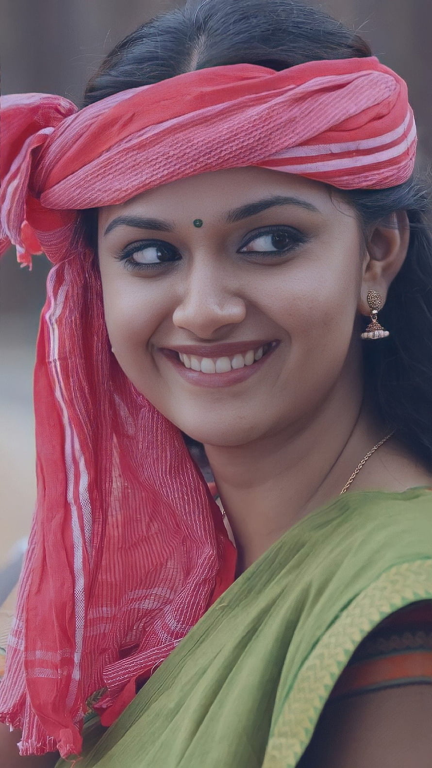 Keerthi Suresh in Traditional Green Saree with Red Headscarf HD phone wallpaper