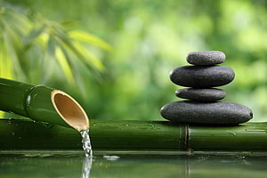 Tranquil Zen Garden Scene With Stacked Stones And Bamboo Water Feature HD wallpaper