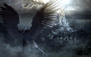 Dark Angel Warrior with Massive Wings Standing Before a Gothic Castle in Misty Storm HD wallpaper
