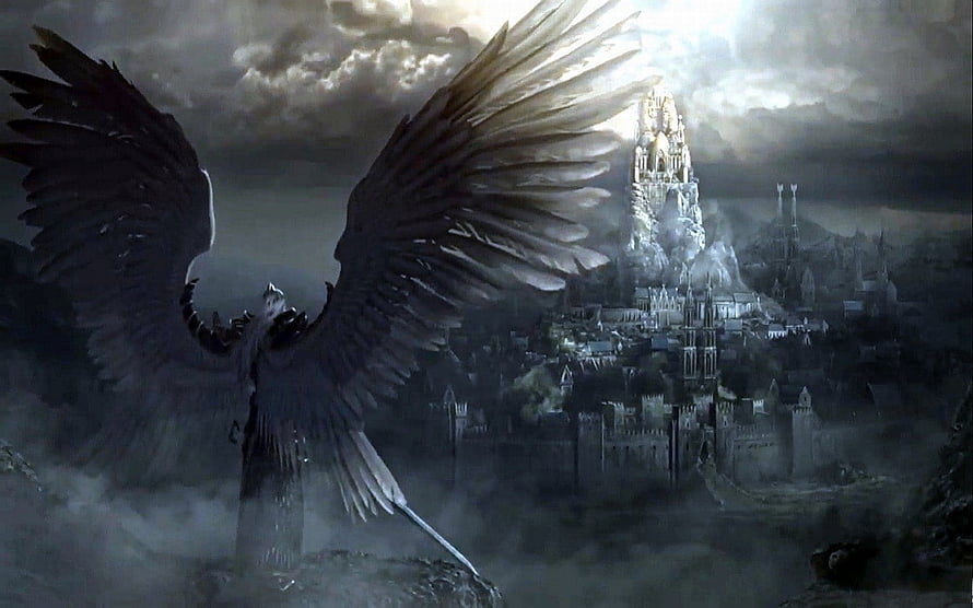 Dark Angel Warrior with Massive Wings Standing Before a Gothic Castle in Misty Storm HD wallpaper