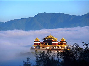 Golden-roofed temple rising above a sea of clouds with misty mountains in Nepal HD wallpaper