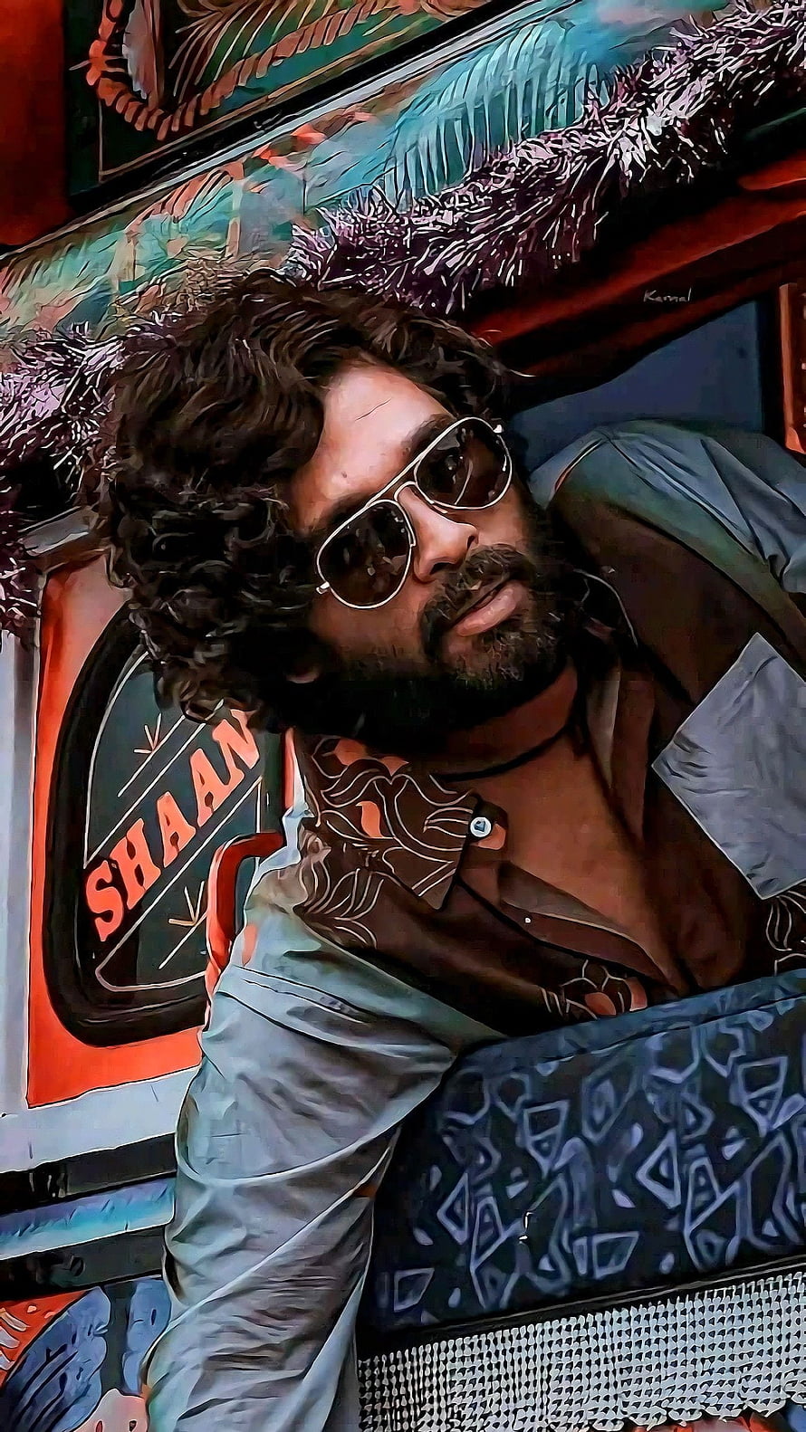 Allu Arjun as Pushpa in a stylized portrait with sunglasses and patterned shirt HD phone wallpaper