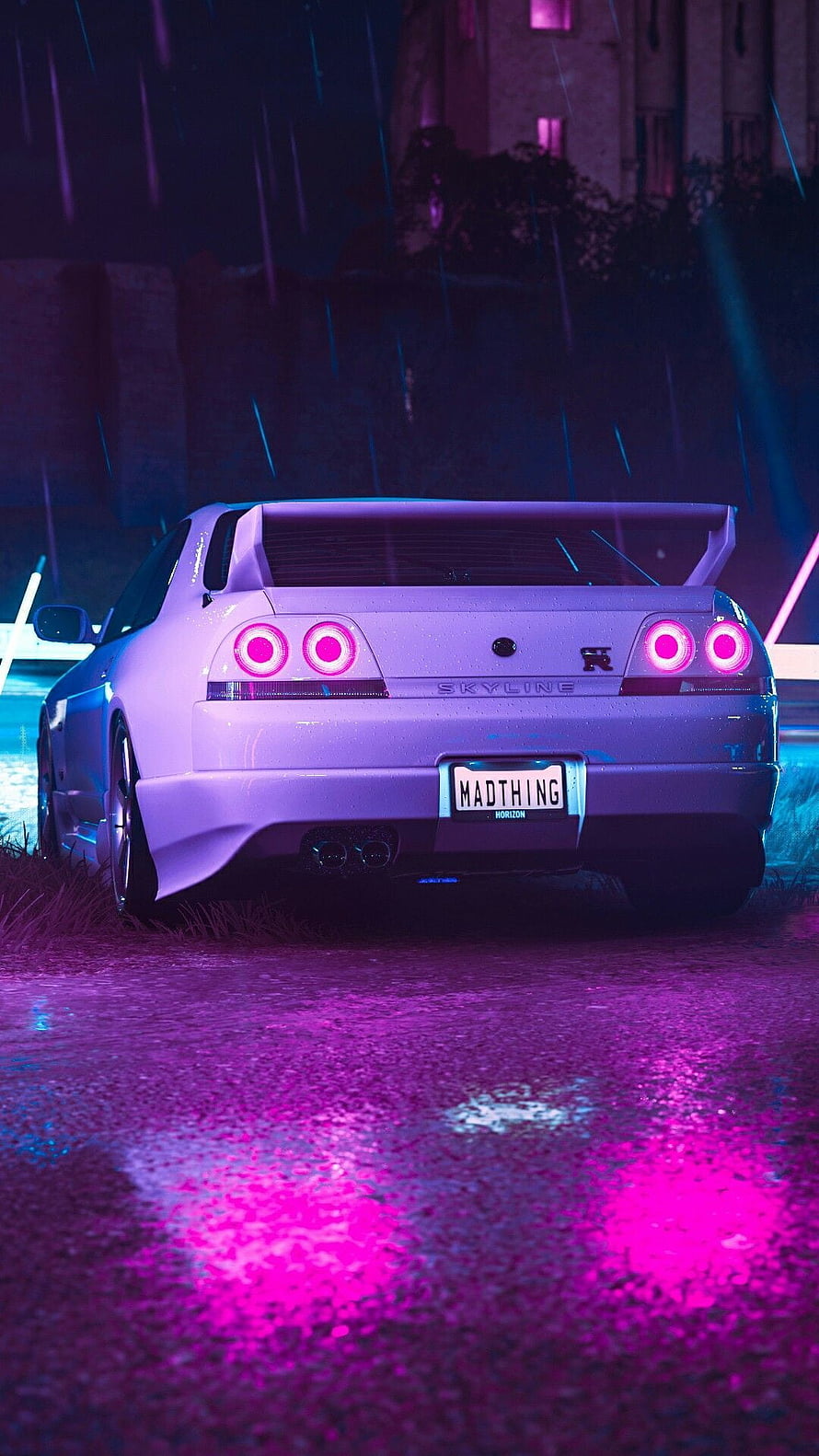 Nissan R33 Skyline GT-R Rear View in Neon Rain with Pink Taillights and Wet Asphalt Reflections HD phone wallpaper