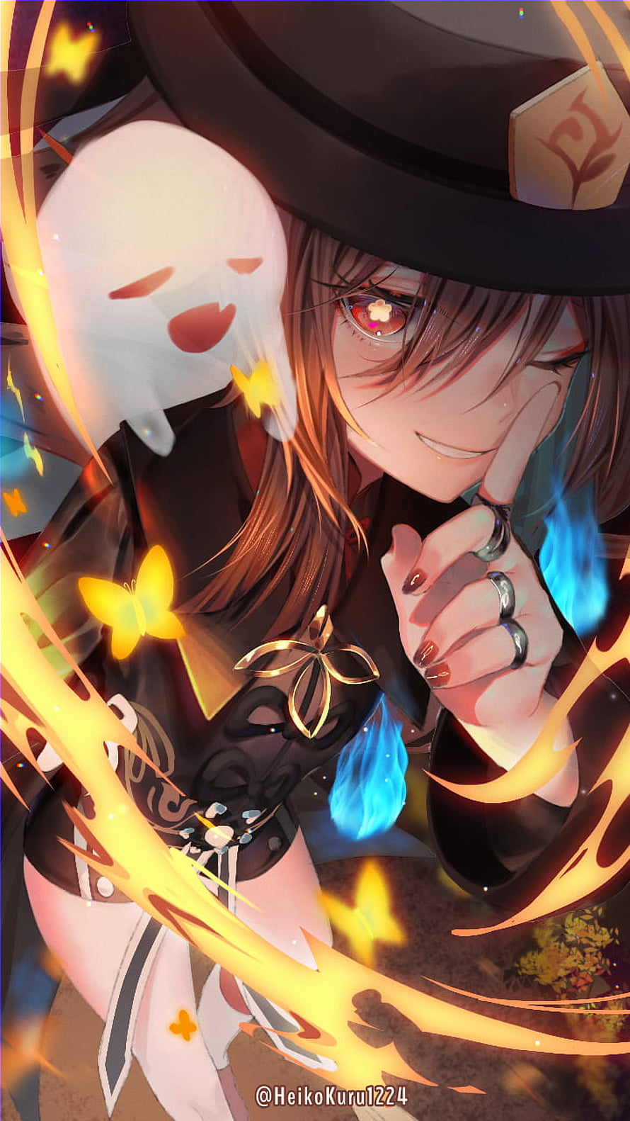 Hu Tao from Genshin Impact in a dark hat with glowing blue flames and golden butterflies HD phone wallpaper