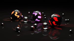 Glossy 3D Rendered Spheres with Glowing Orange, Purple, and Red Patterns on a Dark Reflective Surface HD wallpaper