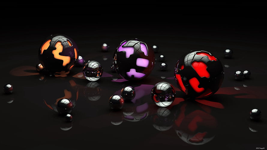Glossy 3D Rendered Spheres with Glowing Orange, Purple, and Red Patterns on a Dark Reflective Surface HD wallpaper