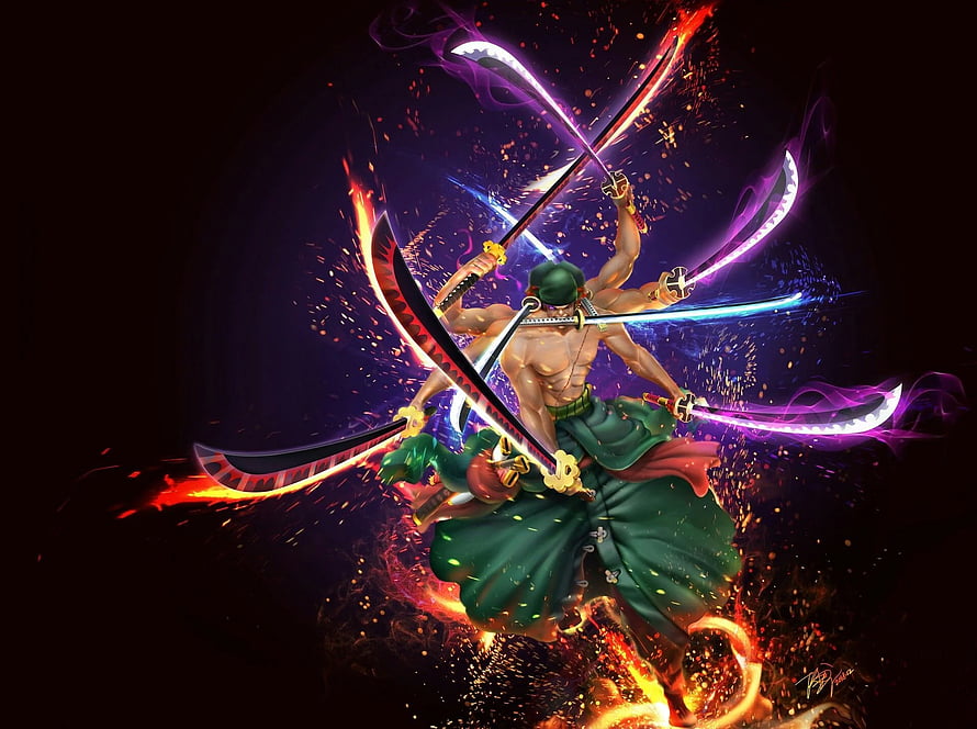 Roronoa Zoro Asura Form Wielding Nine Swords in Fiery Combat HD wallpaper