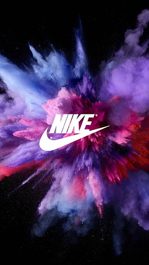 Nike Logo Over Vibrant Pink and Purple Powder Explosion on Black Background HD phone wallpaper