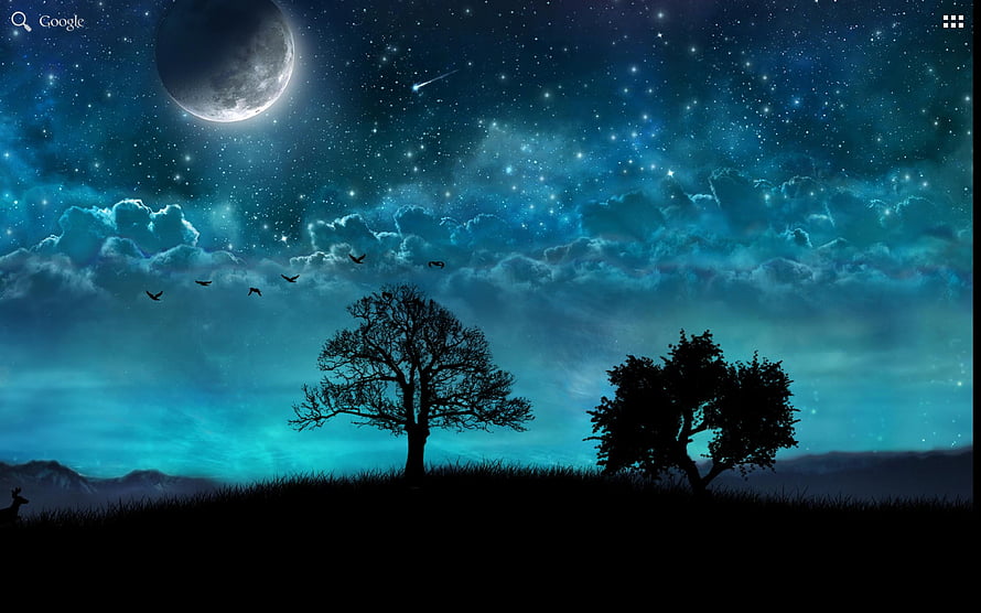 Dream Moon Night Sky with Silhouetted Trees and Starry Clouds HD wallpaper