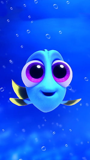 Cute Blue 3D Cartoon Fish with Big Purple Eyes Swimming in Deep Blue Ocean Water HD phone wallpaper