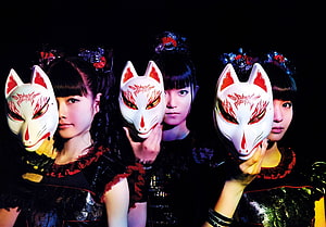 Babymetal Members Holding Kitsune Fox Masks in Dark Studio Setting HD wallpaper