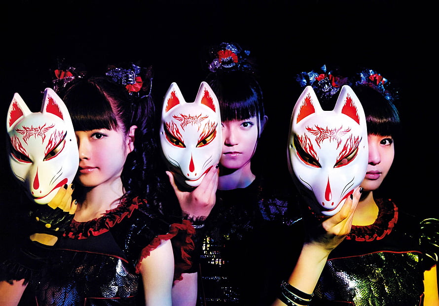 Babymetal Members Holding Kitsune Fox Masks in Dark Studio Setting HD wallpaper