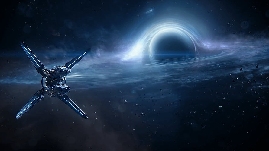 Mass Effect Andromeda Starship Approaching a Glowing Wormhole in Deep Space HD wallpaper