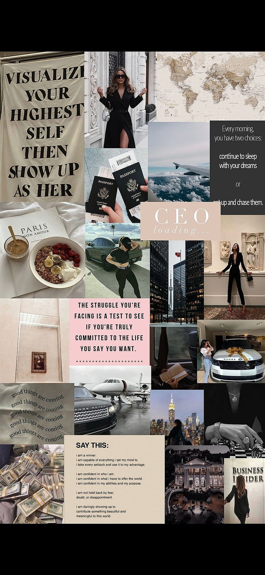 Aspirational CEO Vision Board Collage Featuring Luxury Lifestyle, Travel, and Motivational Quotes HD phone wallpaper