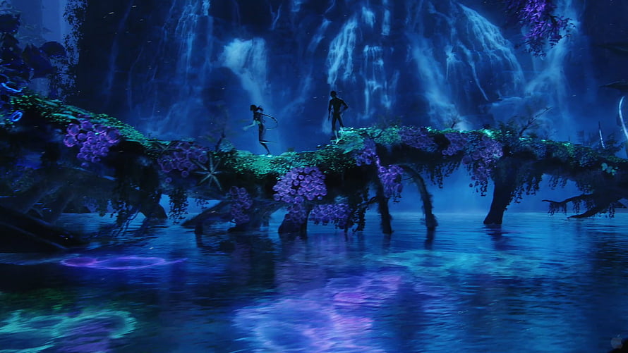 Avatar Pandora Bioluminescent Waterfall and Forest Bridge Scene HD wallpaper