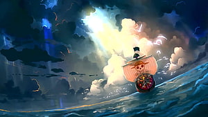 One Piece Thousand Sunny Sailing Through Stormy Ocean Waves HD wallpaper