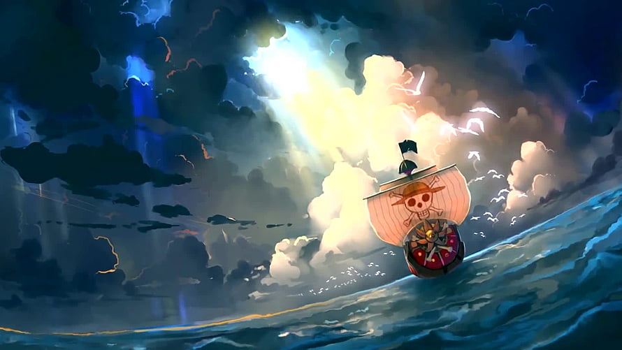 One Piece Thousand Sunny Sailing Through Stormy Ocean Waves HD wallpaper
