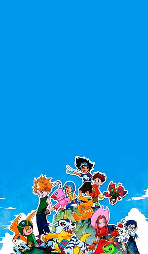 Digimon Adventure Kids and Digimon Partners on a Rocky Outcrop Under a Clear Blue Sky HD phone wallpaper
