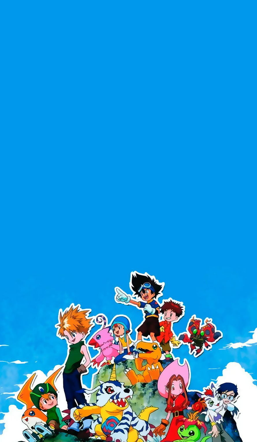 Digimon Adventure Kids and Digimon Partners on a Rocky Outcrop Under a Clear Blue Sky HD phone wallpaper