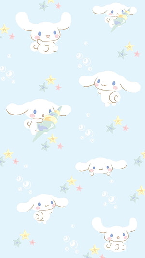 Cinnamoroll Sanrio Character Pattern with Stars and Bubbles on Light Blue Background HD phone wallpaper