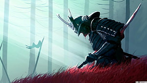 Samurai Warrior in Dark Armor Kneeling in Misty Forest with Red Grass HD wallpaper